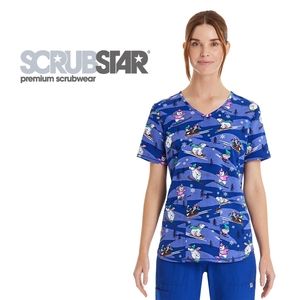 NEW Scrubstar Winter Chillin Blue Polar Bear Gnome Penguin V Neck Scrub Top M